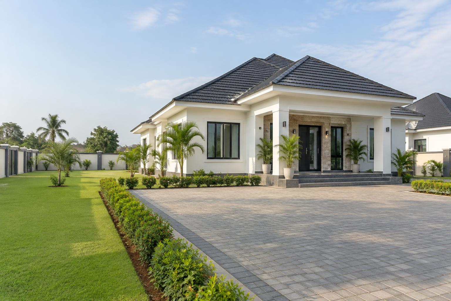 Concept illustration of a bungalow with a covered porch, garden and paved driveway